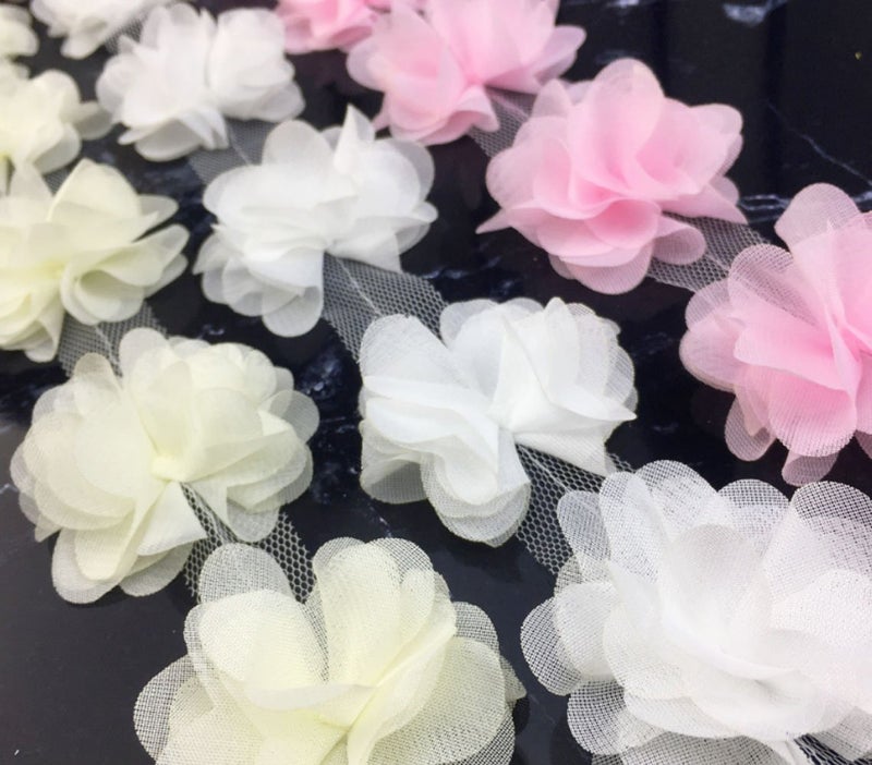 YYCRAFT 4.5 Yards 2.5" 3D Chiffon Flower Lace Trims Bridal Bouquets Cluster Flower DIY Sewing(White) - Image 3